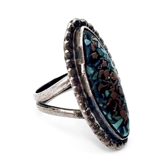 Signed - Pete Morgan, Navajo. Vntg Crushed Turquoise Coral Sterling Silver Ring - Picture 2 of 8